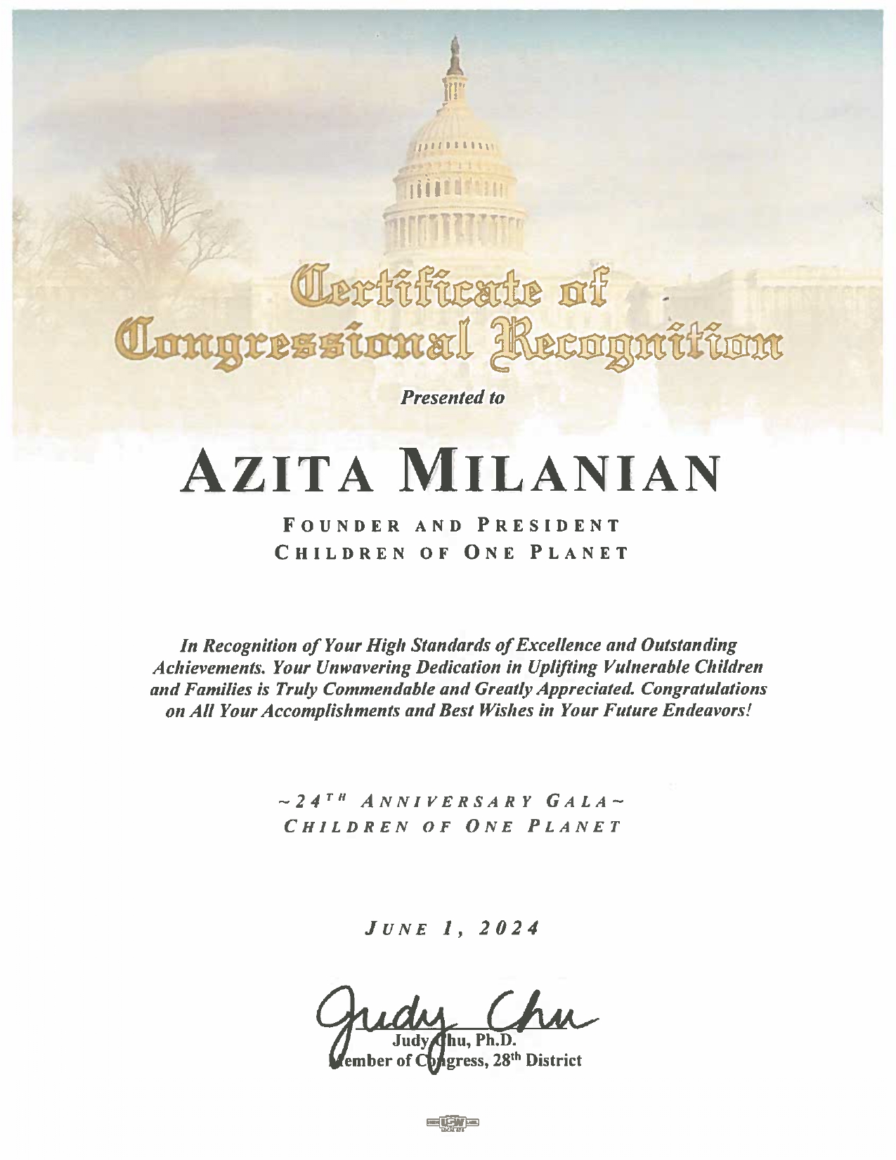 Certificate of Congressional Recognition presented to Azita Milanian, signed by Congresswoman Judy Chu, June 1, 2024