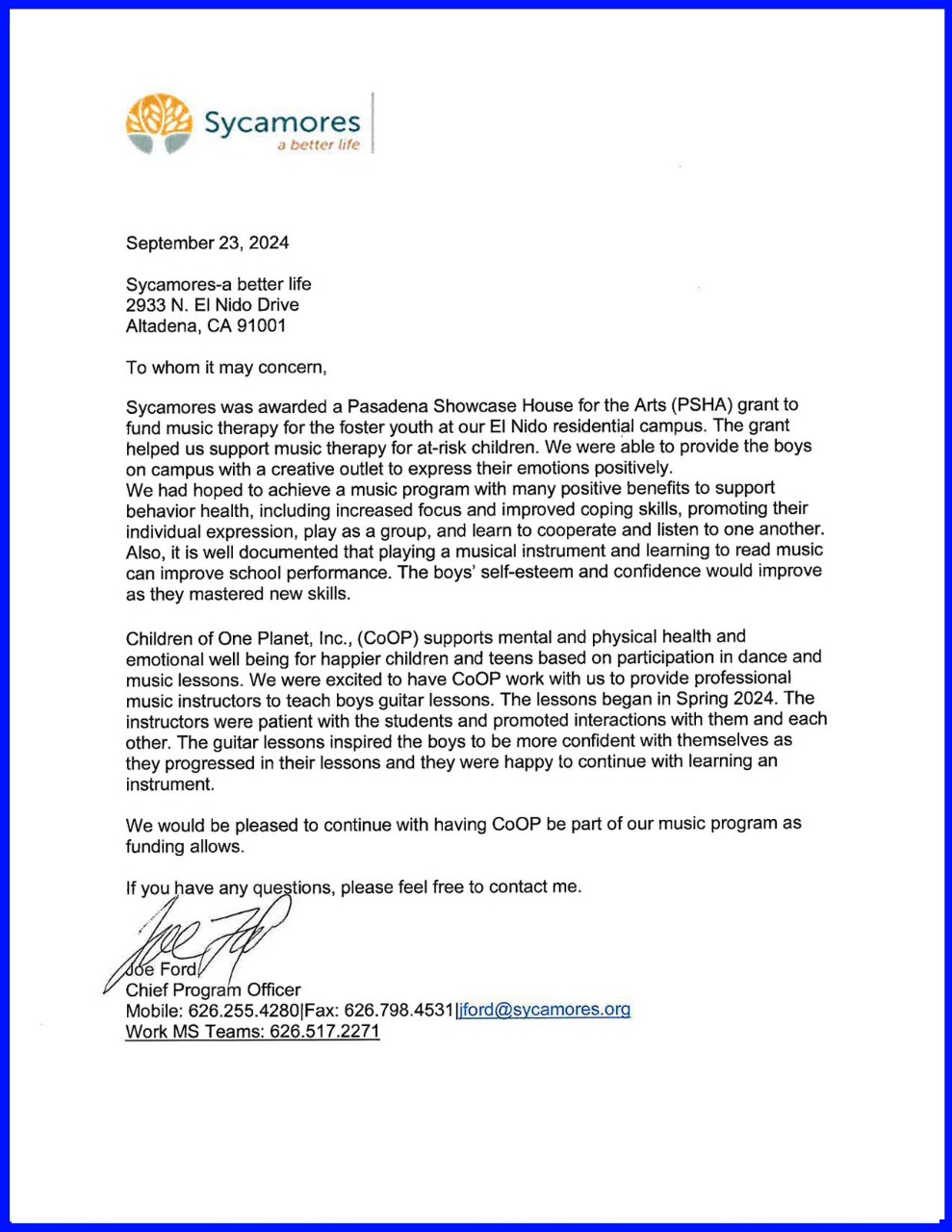Letter of support from Sycamores: A Better Life