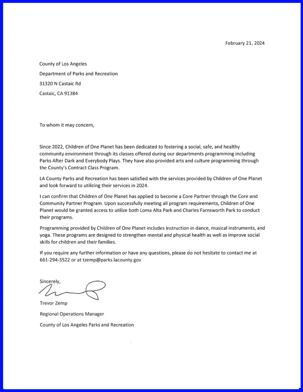 Letter of support from LA County Parks and Recreation